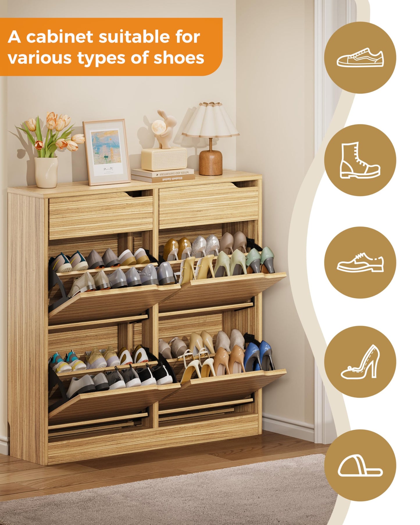 IRONCK Shoe Cabinet with 4 Flip Drawers & 2 Drawers, Freestanding Shoe Rack Cabinet, Shoes Storage Cabinet with Adjustable Shelves