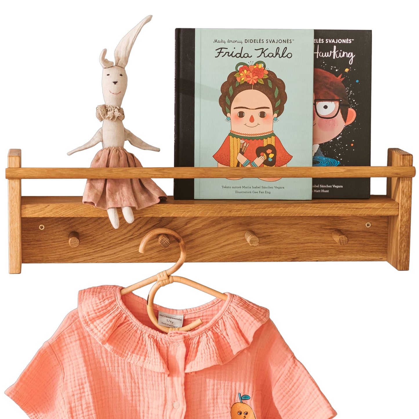 MINICAMP Solid Oak Coat Hooks Wall Mounted - Floating Kids Bookshelf - Coat Rack with Shelf and 4 Pegs - Wooden Children Clothes Rail