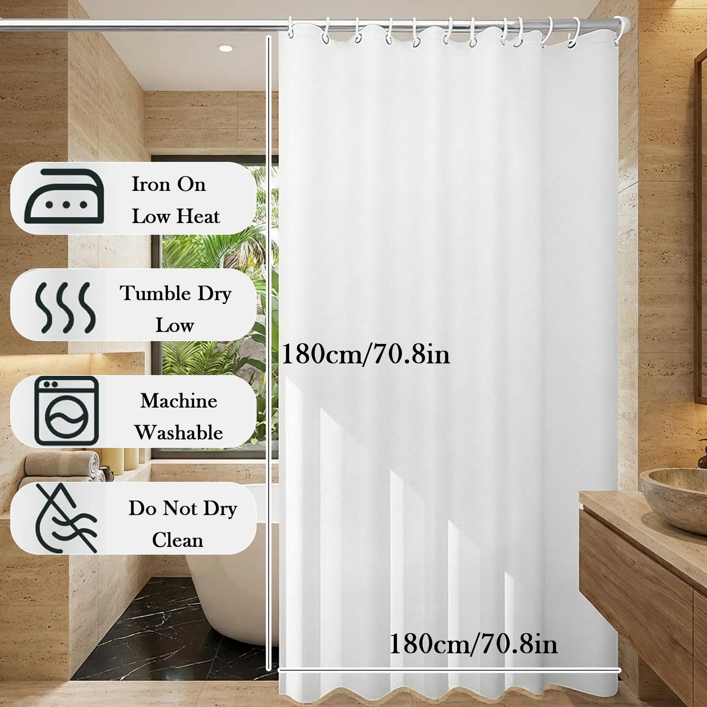 AmzDaKai Shower Curtain PEVA, Waterproof Anti-Mould Bath Curtain with Weight Tape & 12 Hooks, 180x180 cm (71x71 Inch) for Bathroom (White)