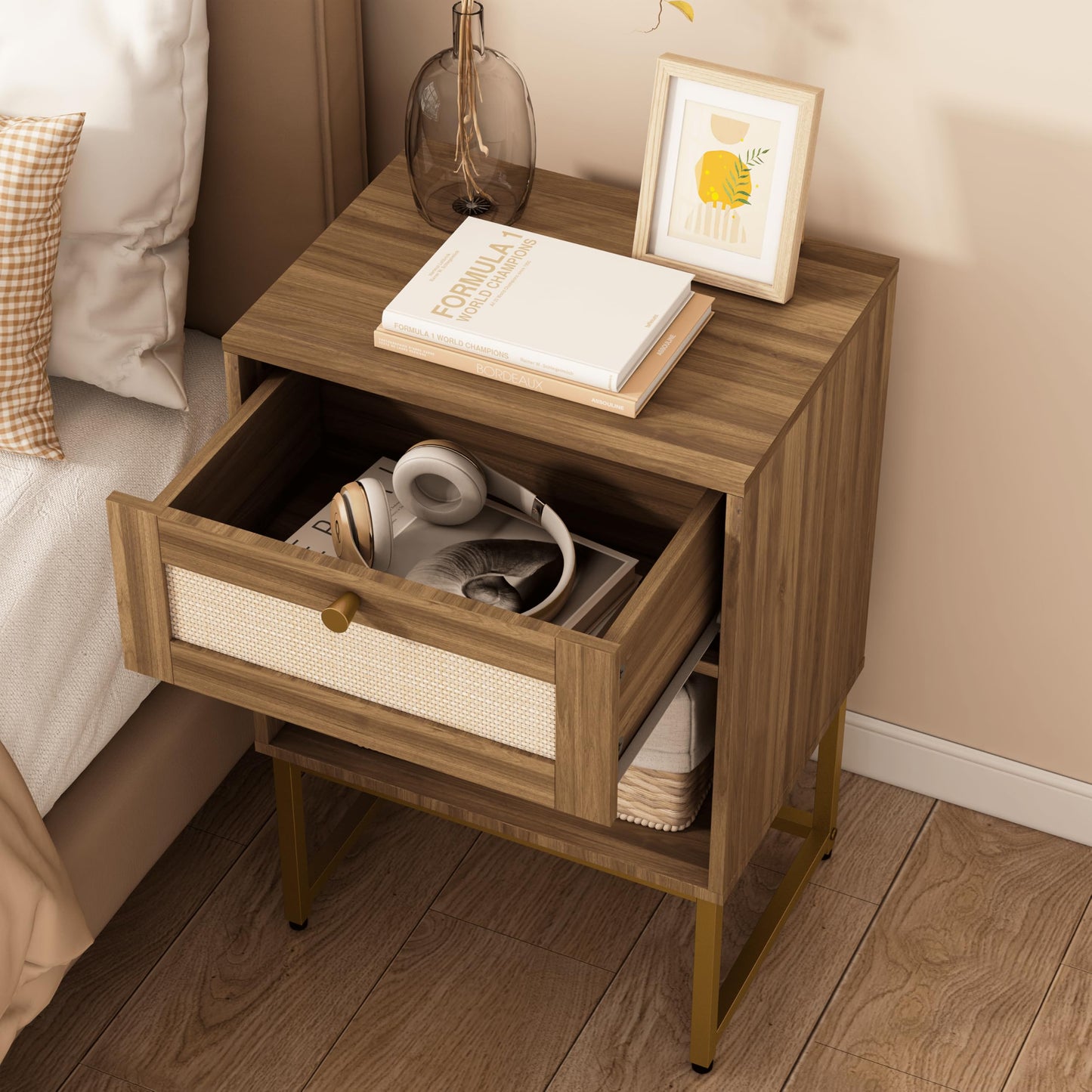 JERX Rattan Bedside Table, Farmhouse Wood Nightstand with Storage Drawer and Open Shelf Small Bedside Cabinet for Bedroom,Living Room,Office Walnut