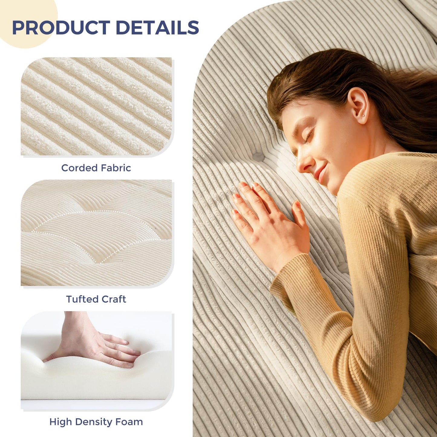 MAXYOYO Folding Mattress, Comfy Corduroy Foldable Mattress with 15cm Thicken Foam, Tri-Fold Floor Futon Sofa Bed for Guest,Off-white,Single