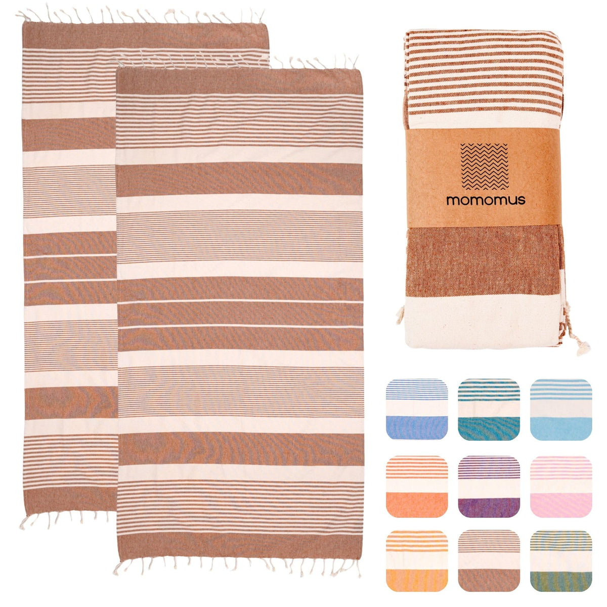 MOMOMUS 2 Pack XL Fouta or Cotton Beach Towels for Adults - Compact, Ultra-Soft, Absorbent - Extra Large Beach Towels for Adults - Brown 90x180cm