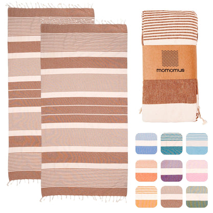 MOMOMUS 2 Pack XL Fouta or Cotton Beach Towels for Adults - Compact, Ultra-Soft, Absorbent - Extra Large Beach Towels for Adults - Brown 90x180cm