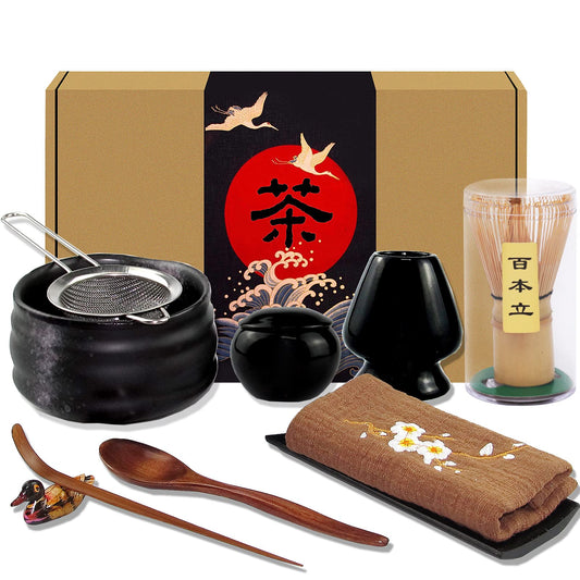 Artcome 10-Piece Japanese Matcha Tea Set - Bowl, Whisk, Scoop, Spoon, Cloth, Bamboo Holder, Powder Caddy, Strainer (Black)