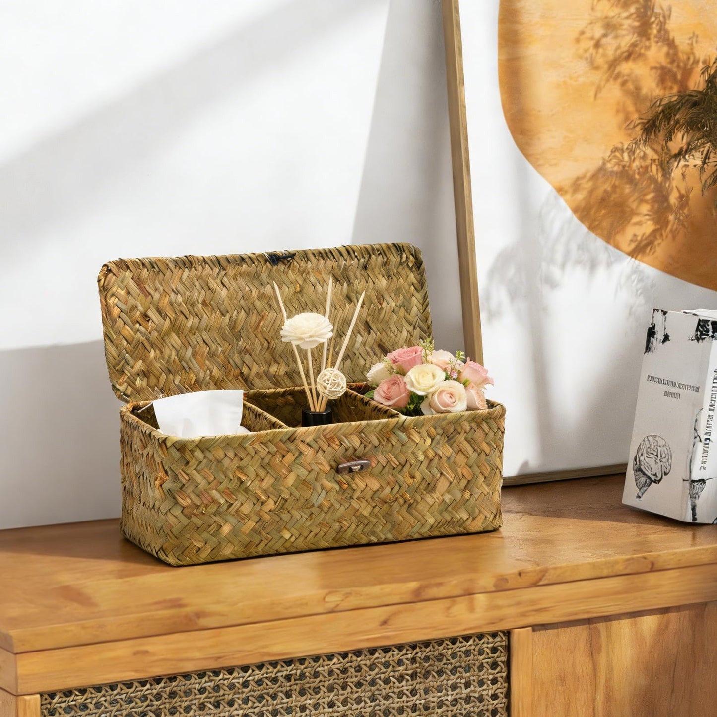 Ollanoos Seagrass Storage Basket with Lid, Rectangular Woven Organizer with 3 Compartments, Ideal for Snacks Toys and Bathroom Essentials