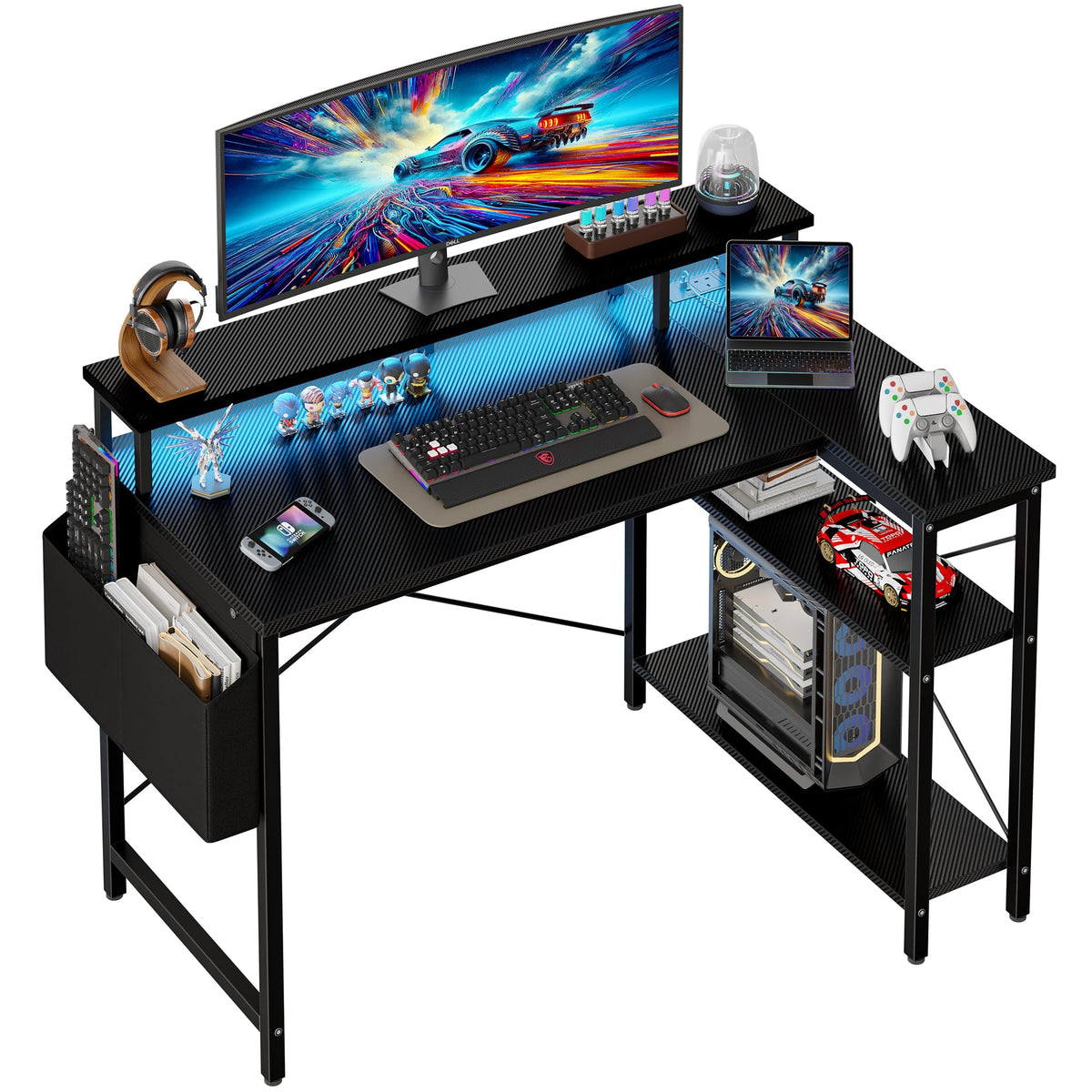 Grandder 100cm Reversible L-Shaped Gaming Desk with Power Sockets & LED Lights, Carbon Fibre Computer Table with Long Monitor Stand