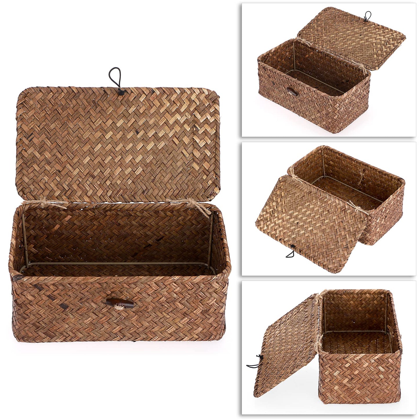 IGNPION Seagrass Storage Basket with Lid Woven Seagrass Desktop Basket Rectangular Bathroom Storage Organiser Box