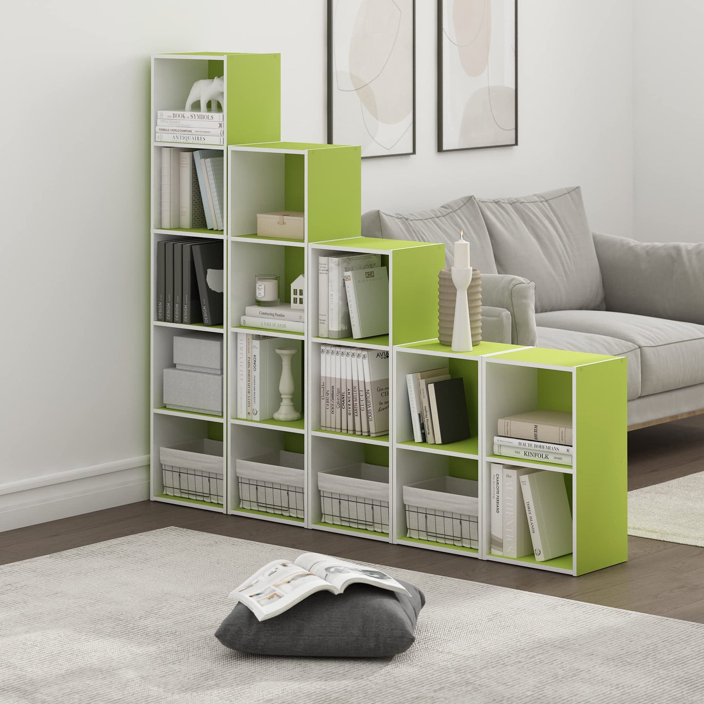Furinno PASIR Book Shelf, 2-Tier Modern Bookshelf, Open Shelves Bookcase 9 x 12 x 21, for Living Room, Bedroom, Home Office, Green/White