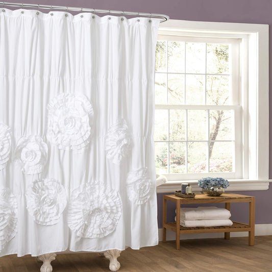 Lush Decor Serena Ruffle Shower Curtain, 72" W x 72" L, White - Beautiful Ruched Flower Design - Luxury Shower Curtain - Vintage Glam, Cottage &