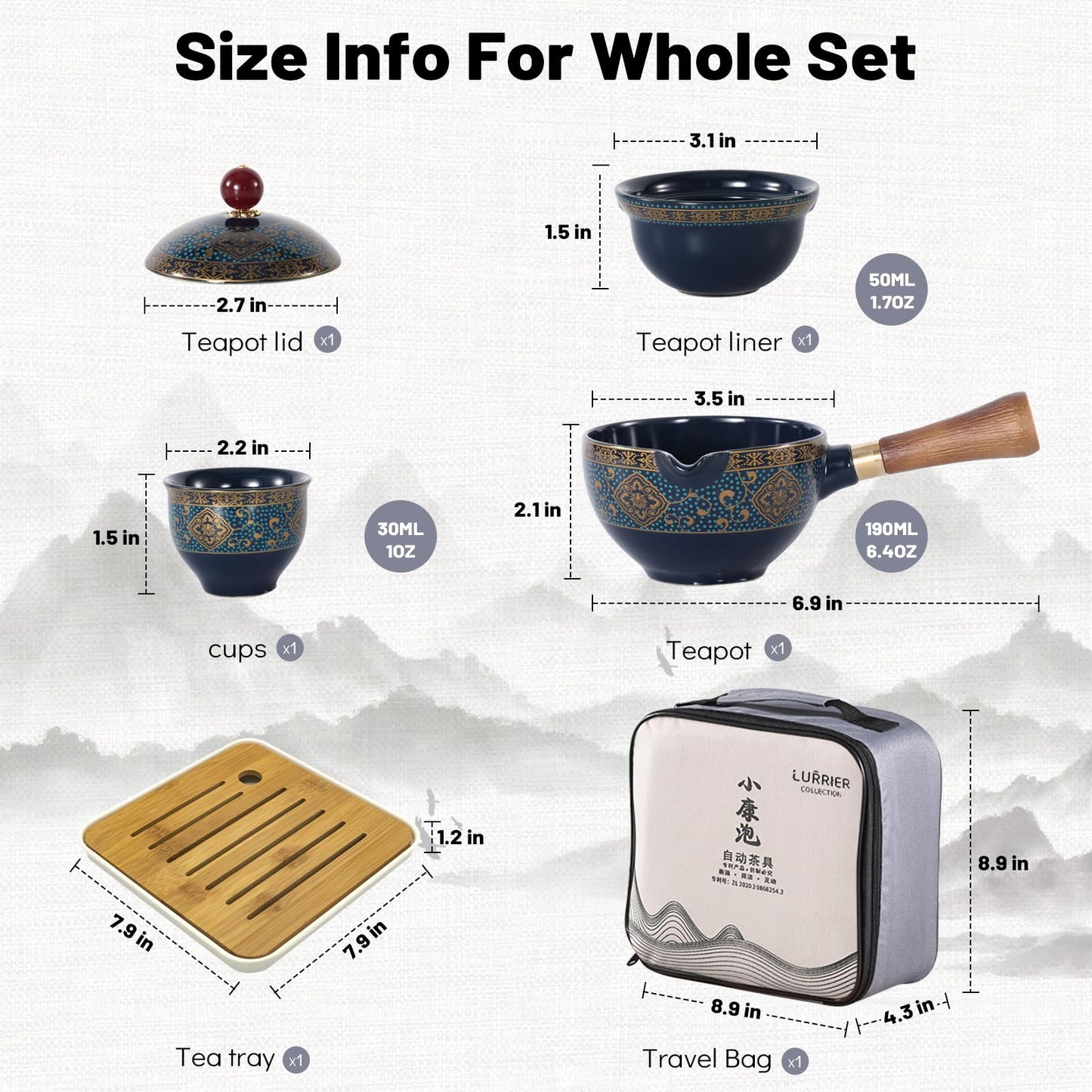 LURRIER Porcelain Chinese Gongfu Tea Set,Portable Teapot Set with 360 Rotation Tea Maker and Infuser,Portable All in One Gift Bag for
