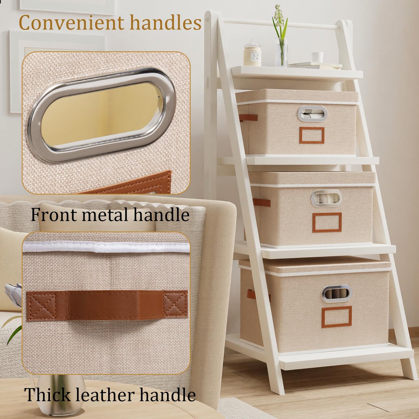 OUTBROS 3 Set fabric Storage Boxes with lids, 32x23x20cm Baskets, Beige