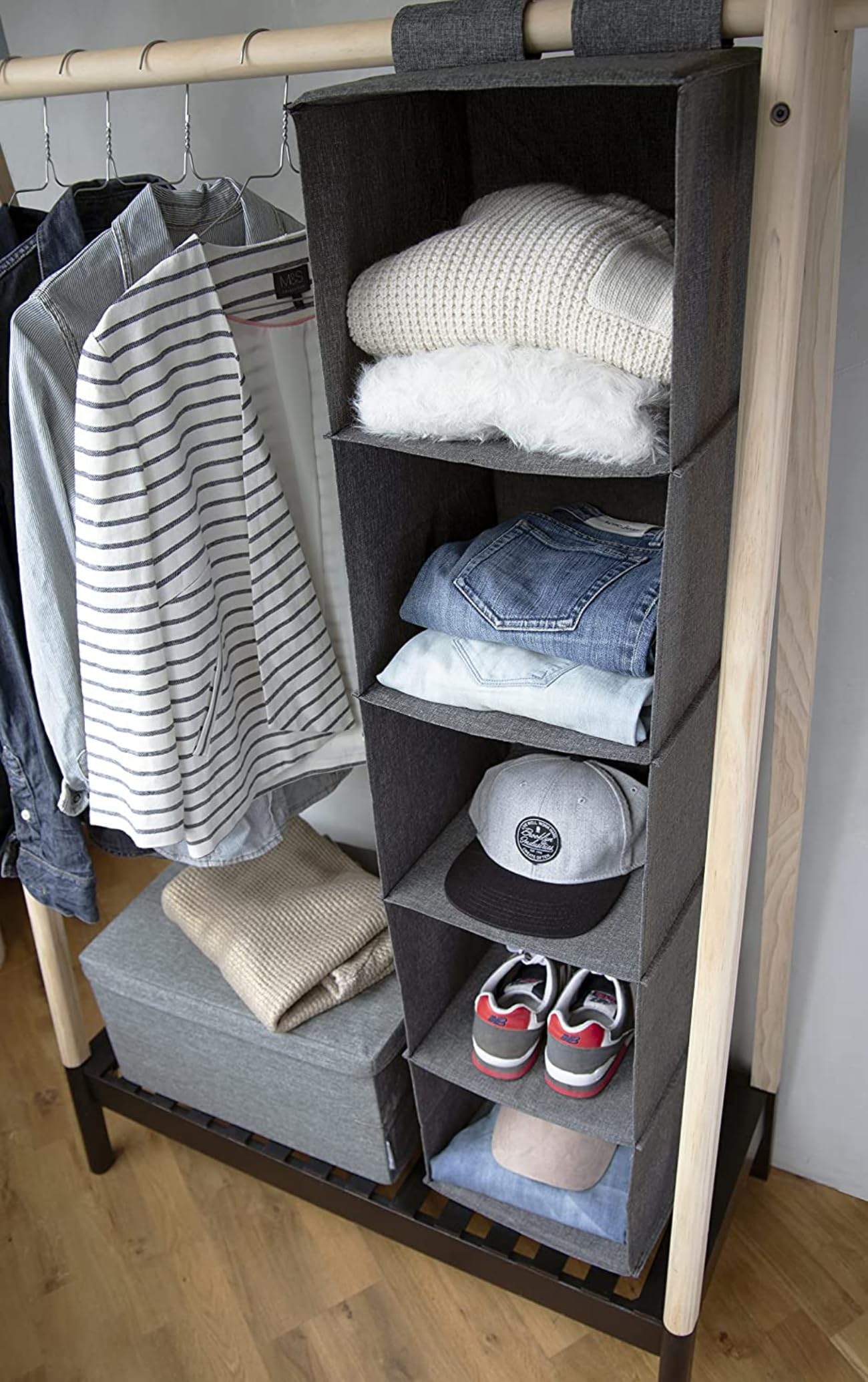 Bigso Box of Sweden Hanging Storage Organiser with 5 Large Storage Compartments - Hanging Storage for Wardrobe with Velcro Fastening