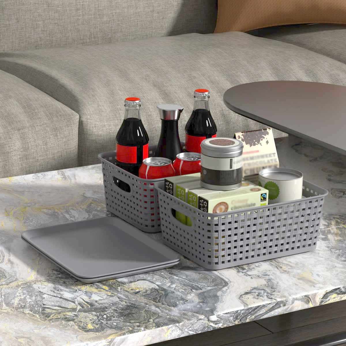 Ysmiltion Plastic Storage Baskets with Lid and Handle, 6 Pack, Light Gray
