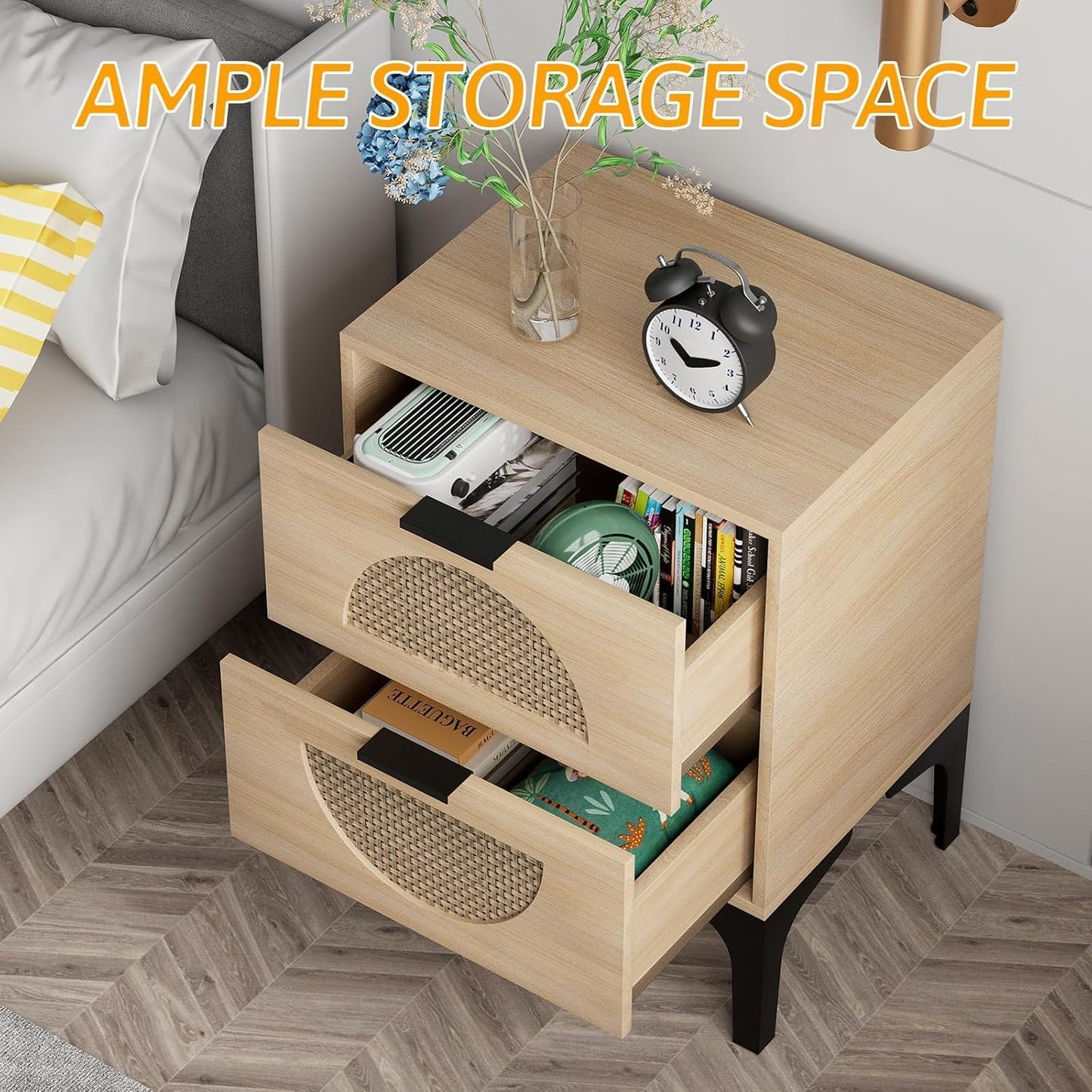 Garden 4 you Bedside Table, Nightstand, Bed Side Table with Wood Decorated Drawers, Modern Bedside Cabinet, Bedroom End Table with Storage