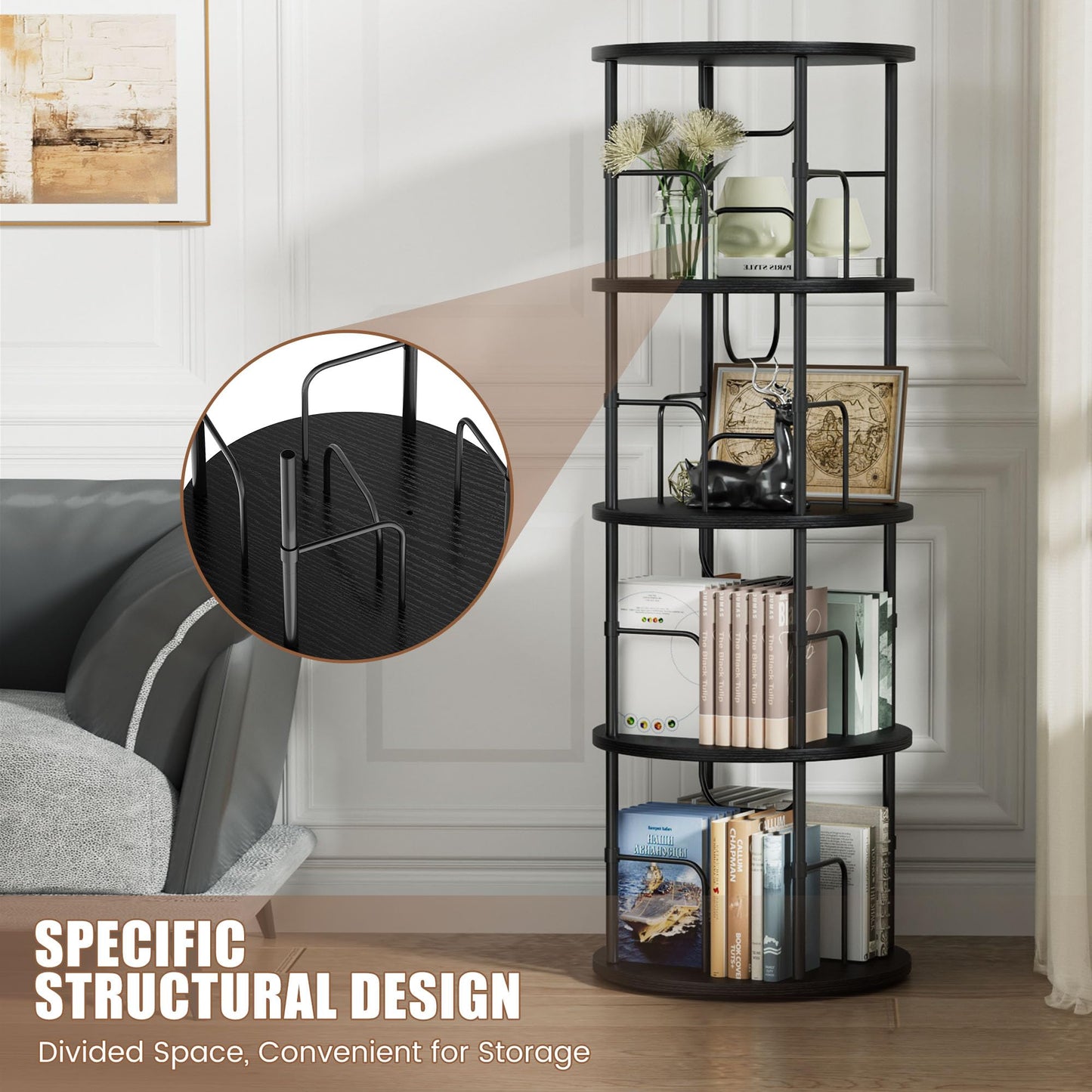 OCTORO 4 Tier Rotating Bookshelf, 360° Corner Bookshelf Tower, Round Revolving Bookcase with Adjustable Levels, Spinning Book Shelf for Home Office