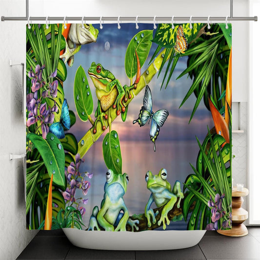 SDOTPMT 90x183cm Frog Shower Curtain Butterfly Cute Funny Animal Green Plant Leaves Flower Bath Curtain Summer Forest Natural Scenery Bathtub Curtain