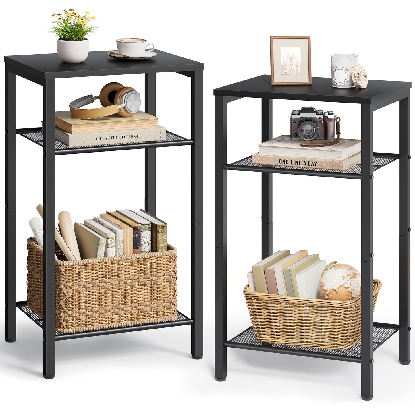 Hoctieon 2-Set 3 Tier End Table, Telephone Table Set of 2, Tall Side Table with Storage Set of 2, Small Nightstand for Small Spaces, Metal Frame