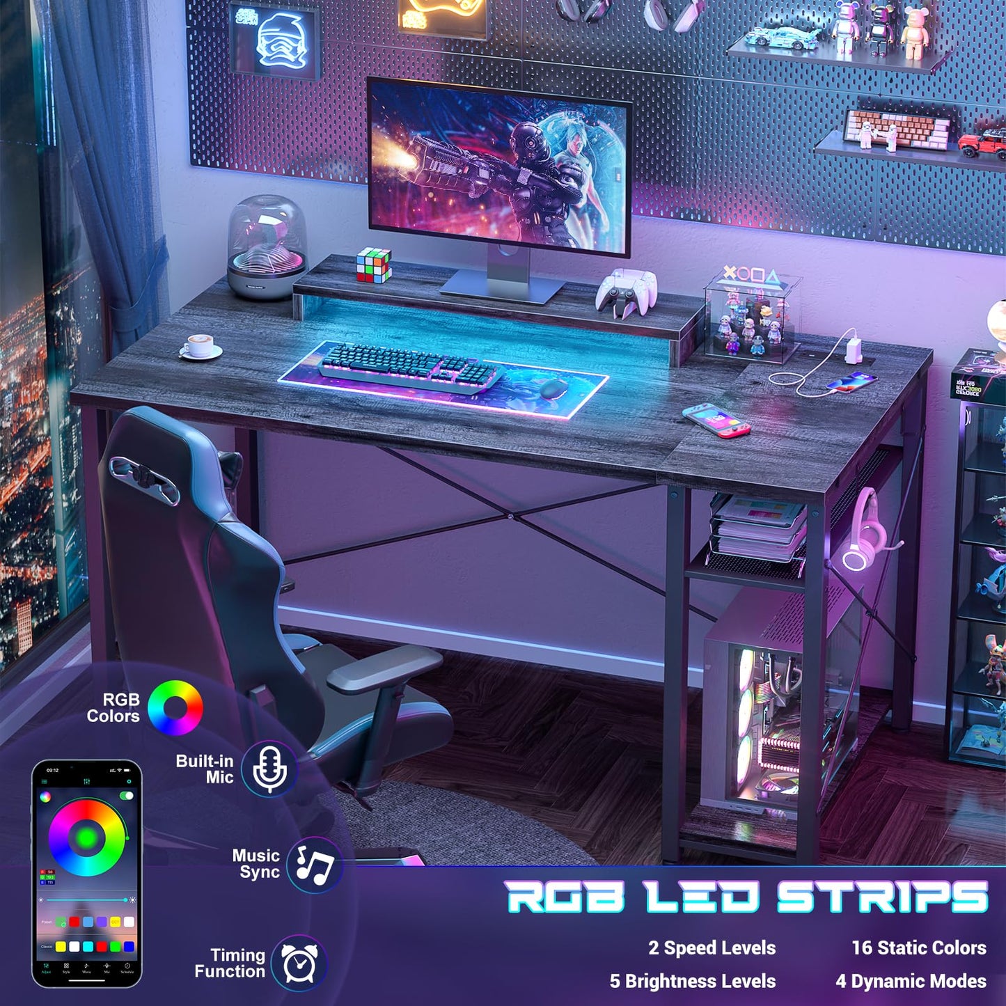 iSunirm Gaming Desk with LED Lights & Power Outlet, Reversible Computer Desk with Moveable Monitor Stand