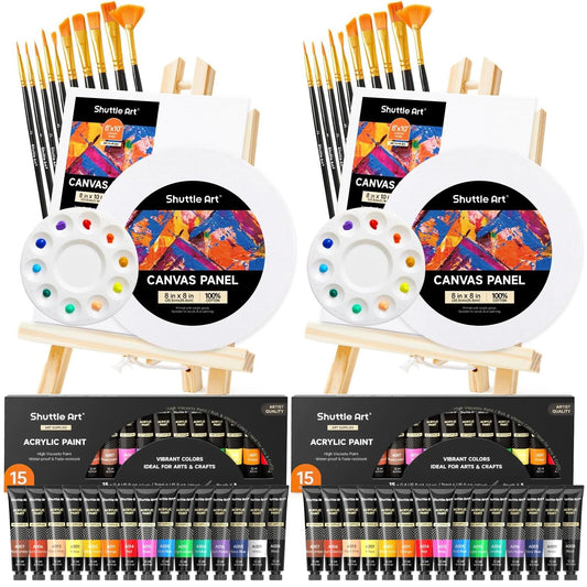 Shuttle Art 58 Pack Acrylic Paints Set, Painting Set with 2 Pack of 15 Colours Acrylic Paint, 2 Sets of Wooden Easels, Canvas, Brushes & Palettes,