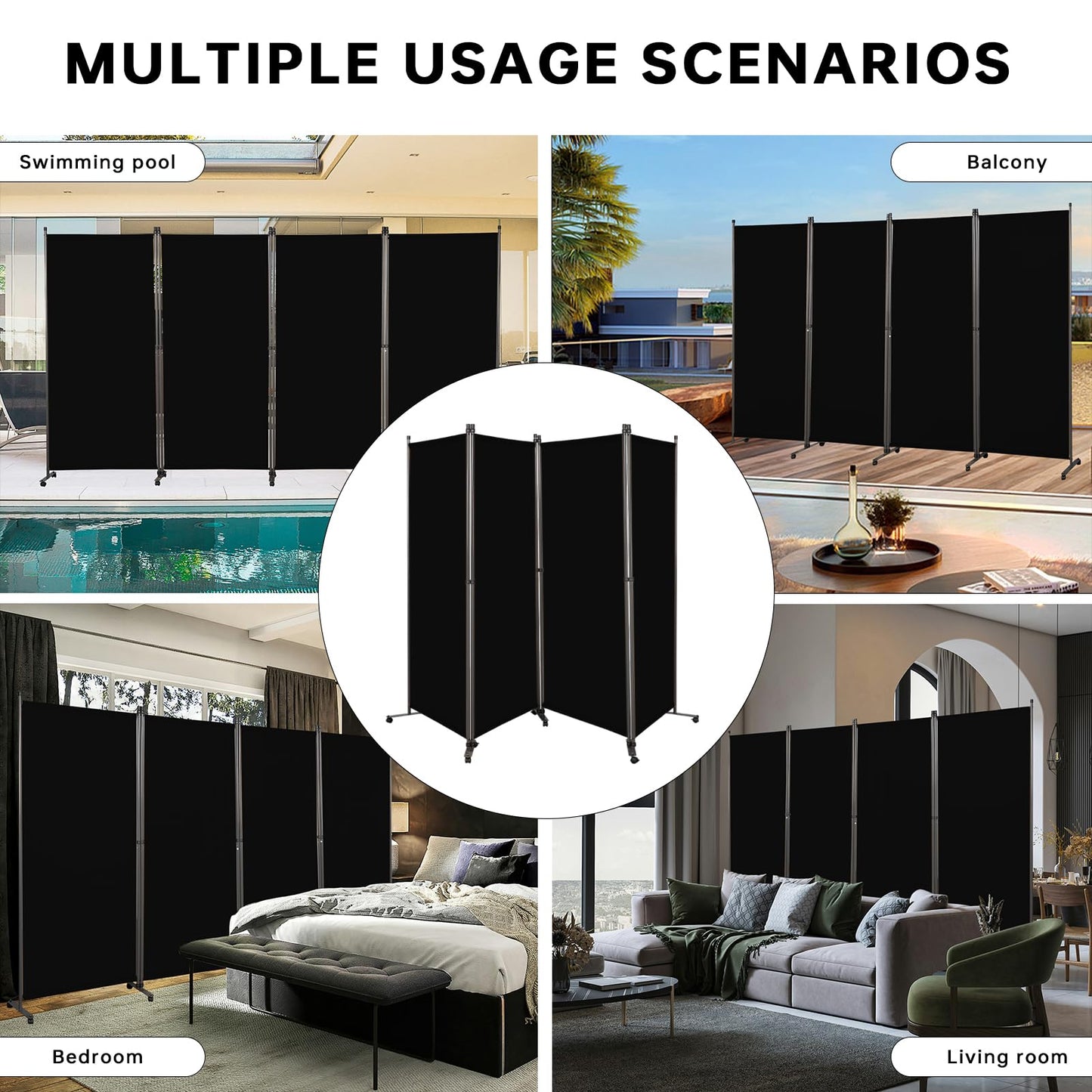 Angel Living 4 Panels Folding Room Divider, Privacy Screen Composed of Polyester Fabric and Sturdy Iron Frame