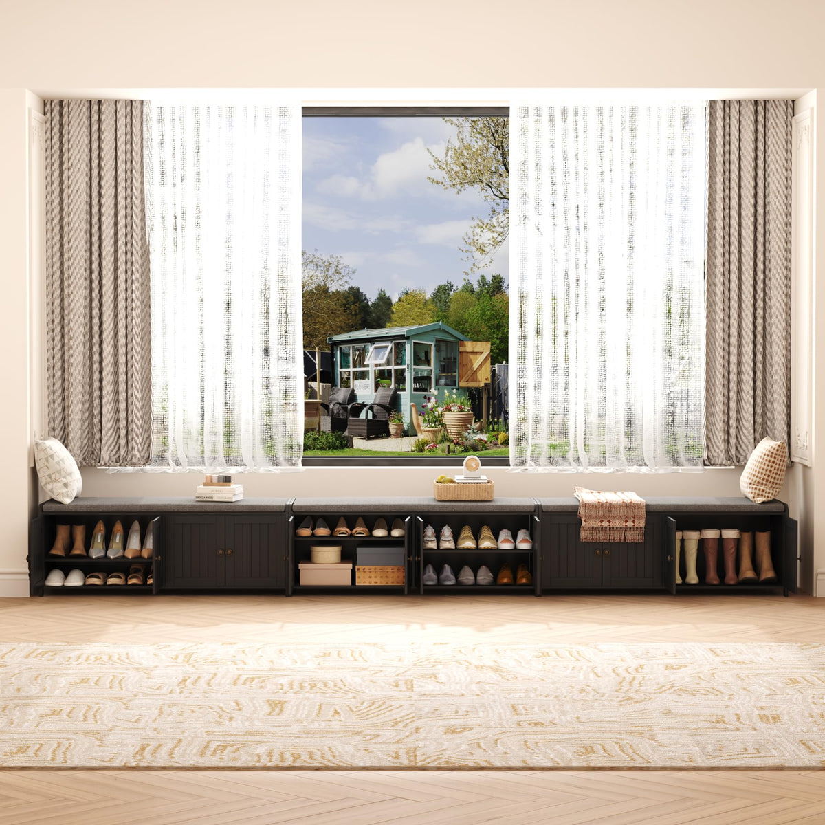 HOME BI Shoe Storage Bench with Cushion, 4 Door Entryway Bench with Padded Seat, 2-Tier Shoe Organizer with Adjustable Shelves