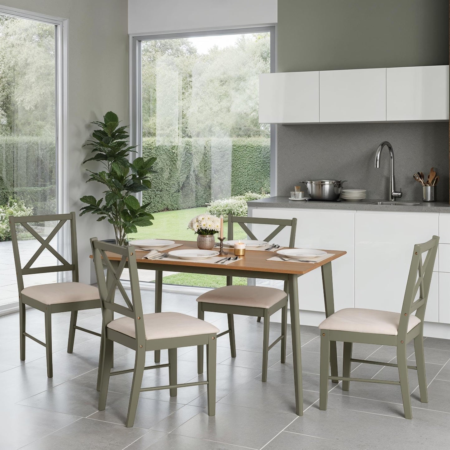 Seconique Balfour 1+4 Dining Set in Sage Green/Oak Effect/Mink Microsuede