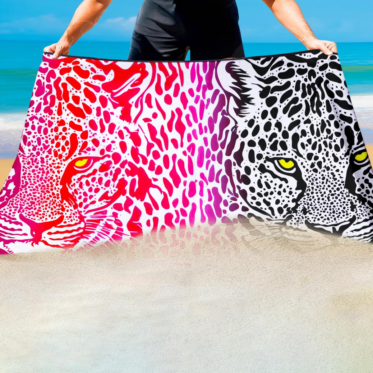 Violetpos Pink & Black Dual Leopard Beach Towel, Extra Large 180x90 cm 250GSM Microfibre, Sand Free Quick Dry