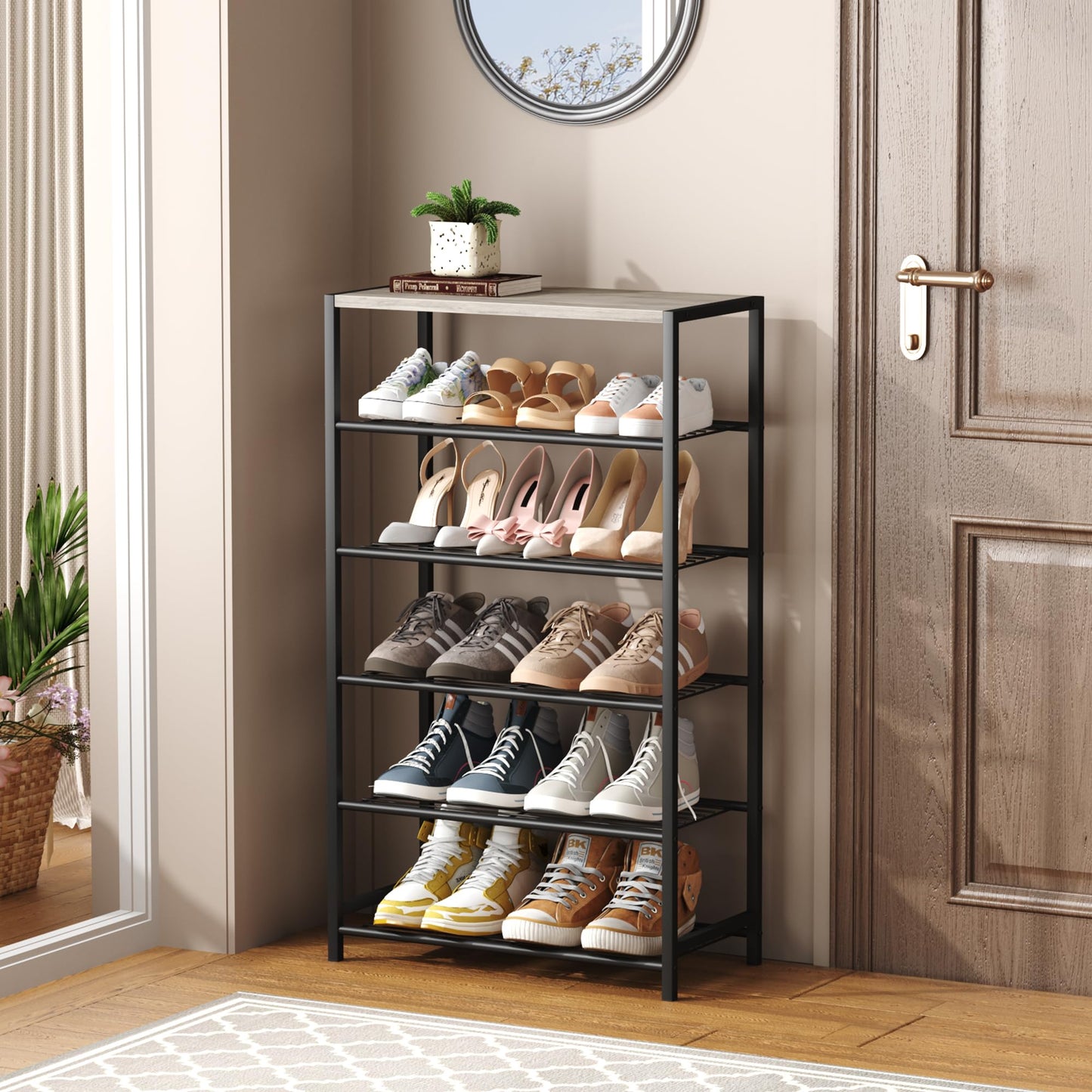 HOME BI 6-Tier Industrial Shoe Rack, Metal Shoe Storage Organizer Shelves with Stable Metal Frame, Shoe Organizer for Closet, Hallway, Entryway