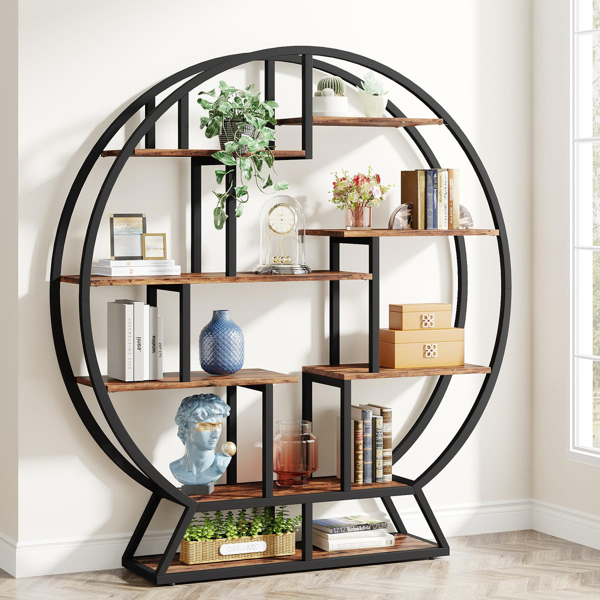 Tribesigns Round Bookcase, Industrial 5 Tier Bookcase, 160cm Tall Rustic Open Shelf Organizer Display Shelf for Home, Office, Living Room