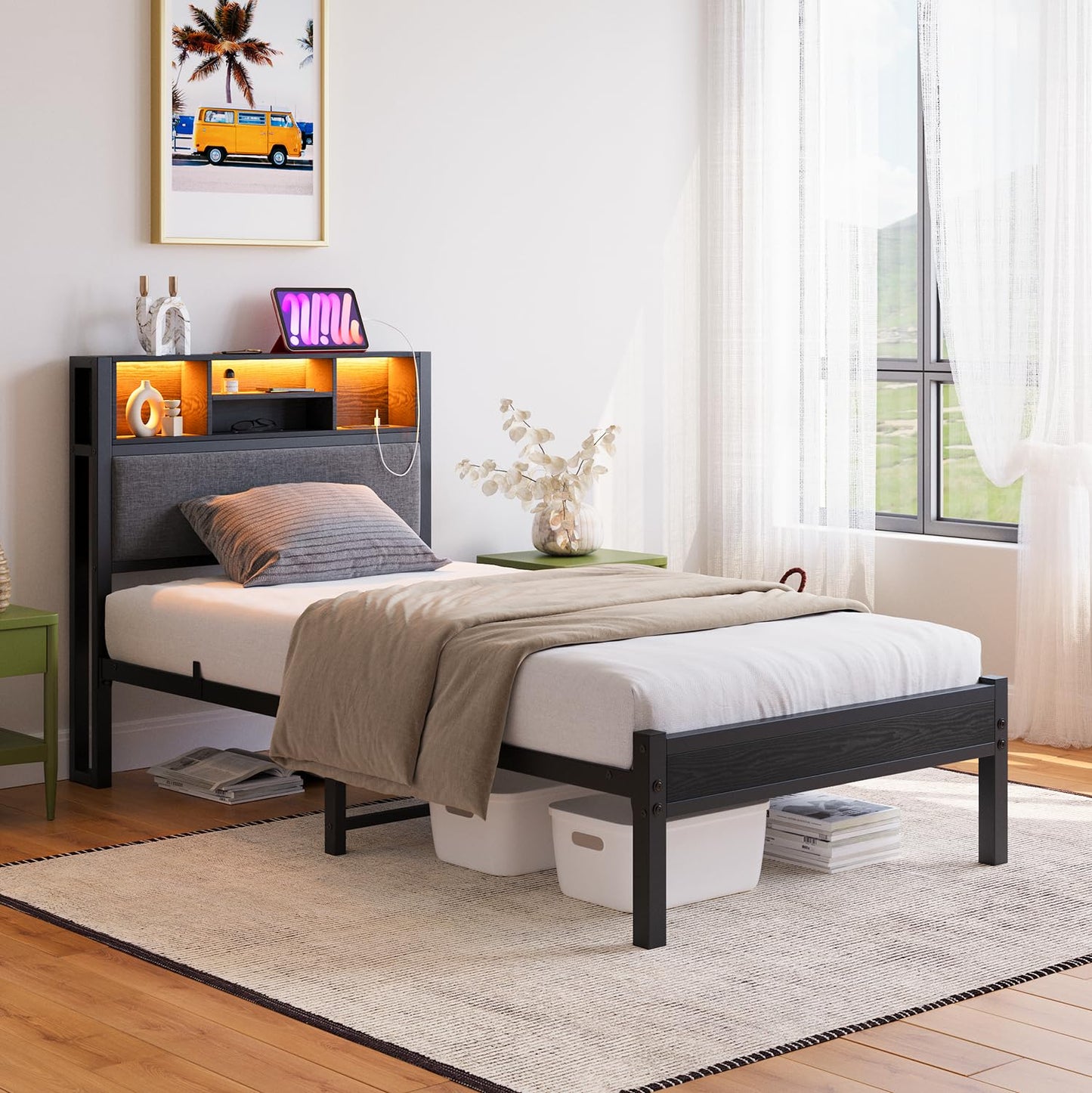 MUZERUL 3ft Single Bed Frame with Storage Shelf Upholstered Headboard, Heavy Duty Platform Bed Frame, Metal Bed with Charging Station and LED Lights