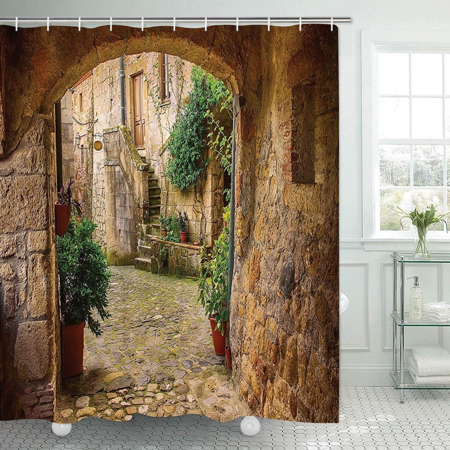 Abaysto Shower Curtain Landscape from Another Door Antique Stone Village Tuscany Italian Valley Scenery Decor Waterproof Fabric Bathroom Bathtub