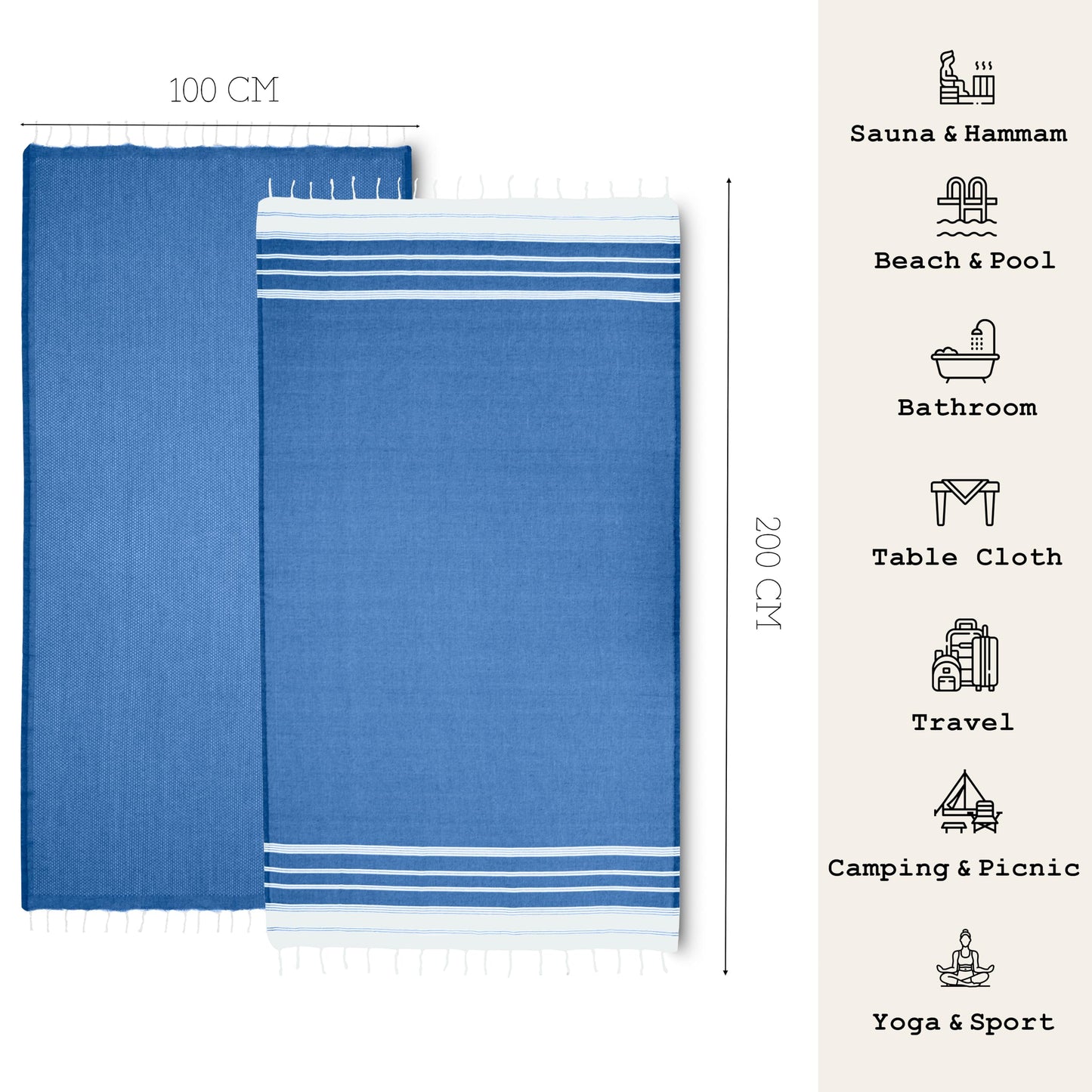 NOUR Premium 100% Cotton Turkish beach towel, Pack of 2, 100 x 200 cm, Picnic Blanket, Sauna & Hammam Towels, Extra Light, Absorbent, Quick-Drying