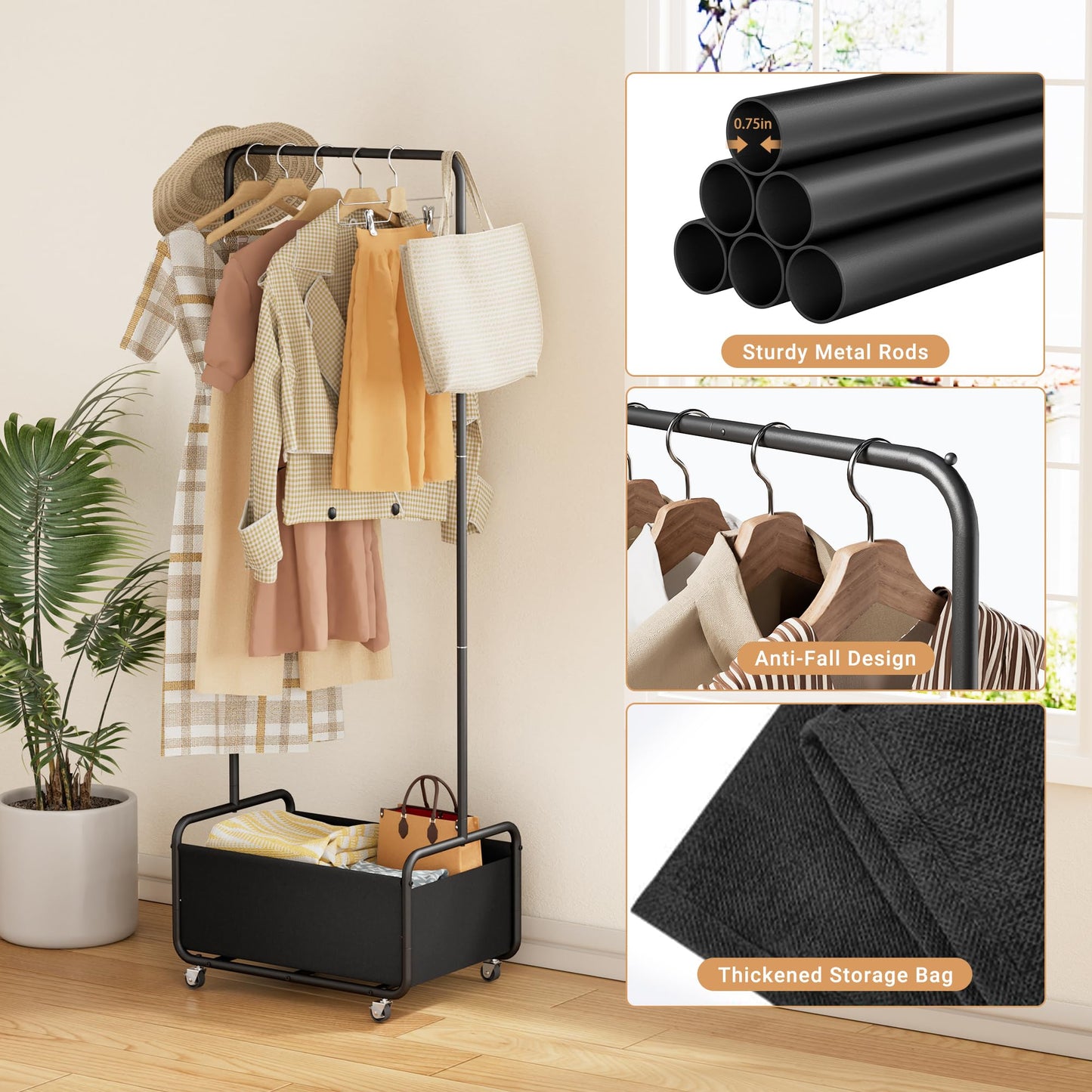 Dunatou Clothing Rack with Basket, Standard Rod Clothing Garment Rack, Rolling Clothes Organizer on Wheels for Hanging Clothes (Small, Black)