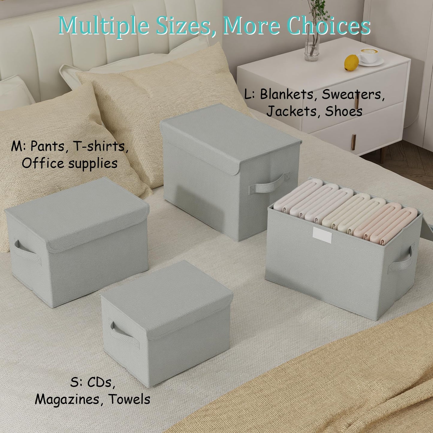 GUOHNHE Storage Bin with Lid, Closet Boxes, 4 Pack, Grey, 26x20x17 cm