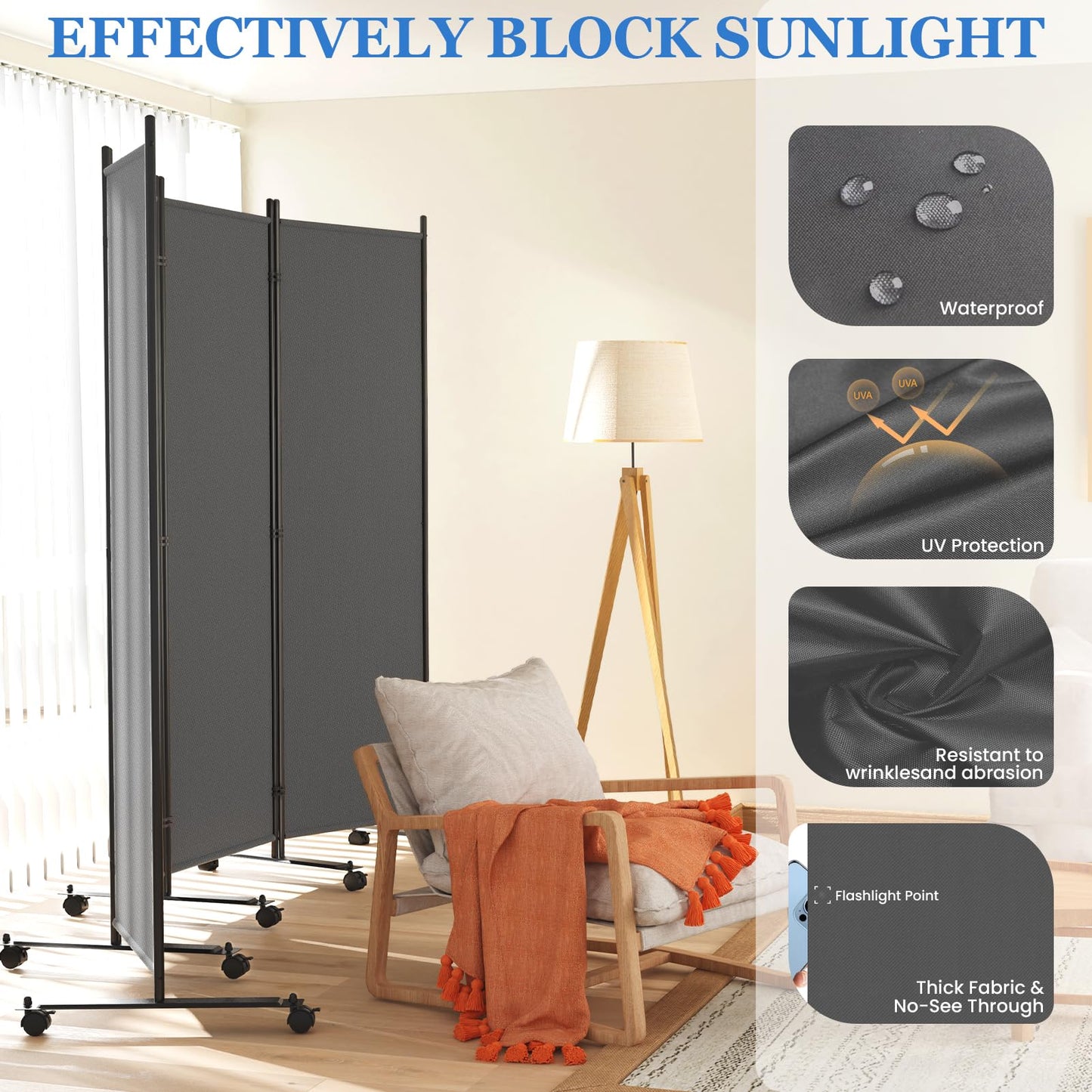 8 Panel Room Divider 183CM Folding Privacy Screens with Lockable Wheels