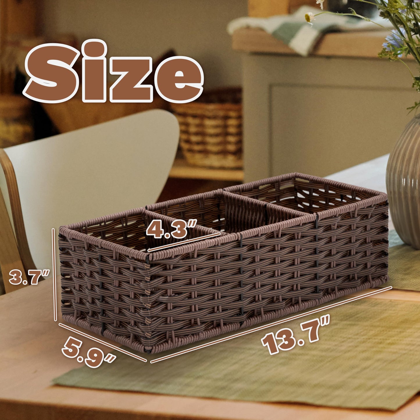 myHomeBody Wicker Basket With 3 Compartments, Bathroom Caddy, Dark Walnut