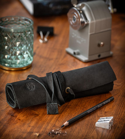 Angus Stoke Leather Roll Bag Black - Handmade Leather Case for Pens, Brushes and Accessories, 4 Compartments, Leonardo