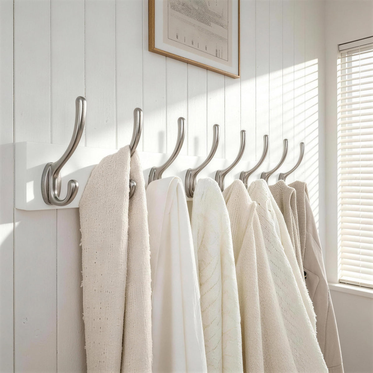 HONSKY Wall Coat Rack - 8 Double Hooks 56cm | Wooden & Metal Towel/Coat Hanger for Entryway, Bathroom, Bedroom, Garage | Easy Install
