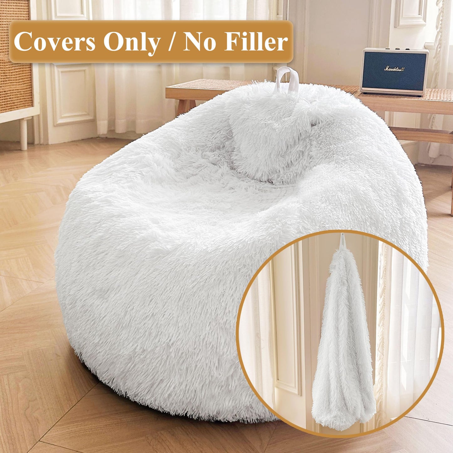 XeGe Soft Fluffy Faux Fur Decorative Bean Bag Chair Cover(No Filler), White