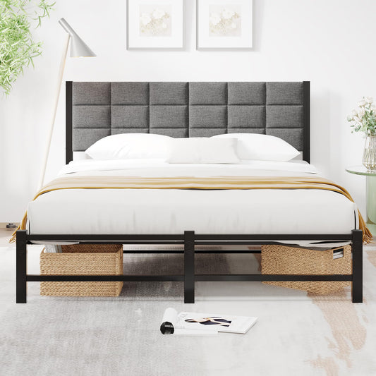 JUISSANO Double Bed Frame with Headboard Upholstered Platform Bed Frame Double with Headboard,Metal Bed Frame Double Bed with Metal Slat Support/No