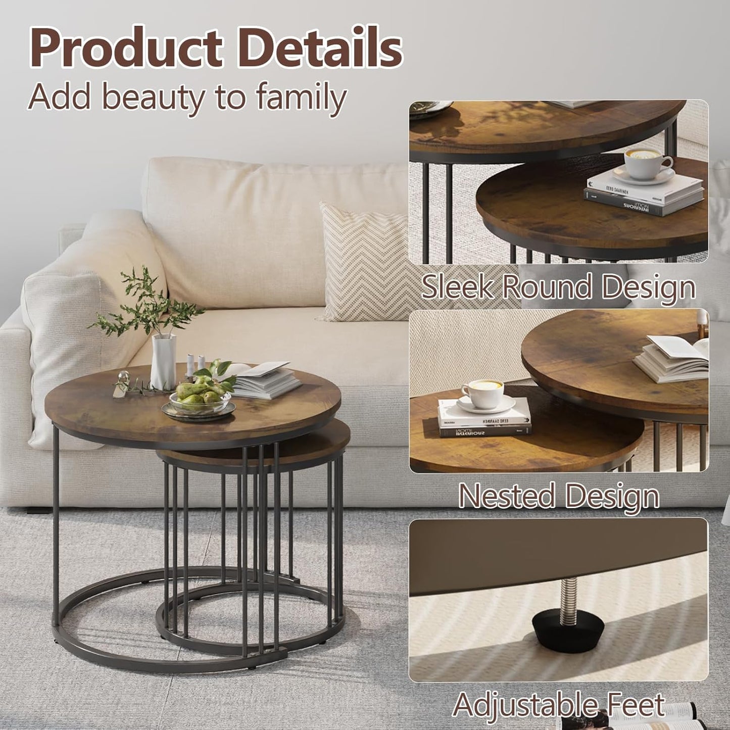 Huhote Round Coffee Tables, Set of 2 End Table, Nesting Tables, Side Table with Metal Frame for Living Room/Bedroom/Balcony/Office/Apartment