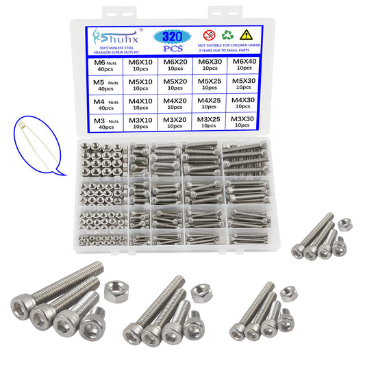 Rshuhx M3 M4 M5 M6 Nuts and Bolts Hexagon Socket Head Cap Screws 304 Stainless Steel Mechanical Hex Socket Screws Assortment Kit 320PCS with Storage