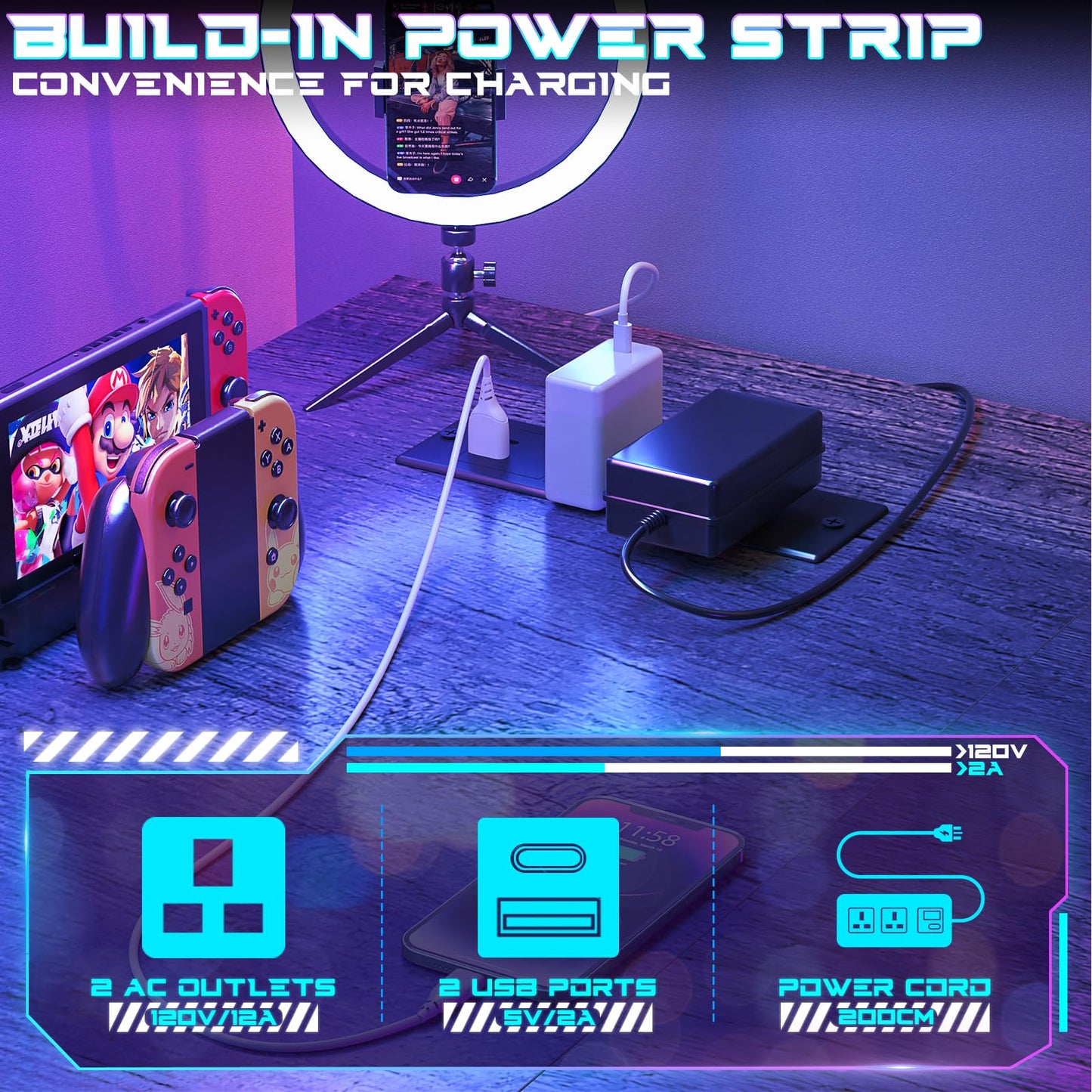 iSunirm Gaming Desk with LED Lights & Power Outlet, Reversible Computer Desk with Moveable Monitor Stand