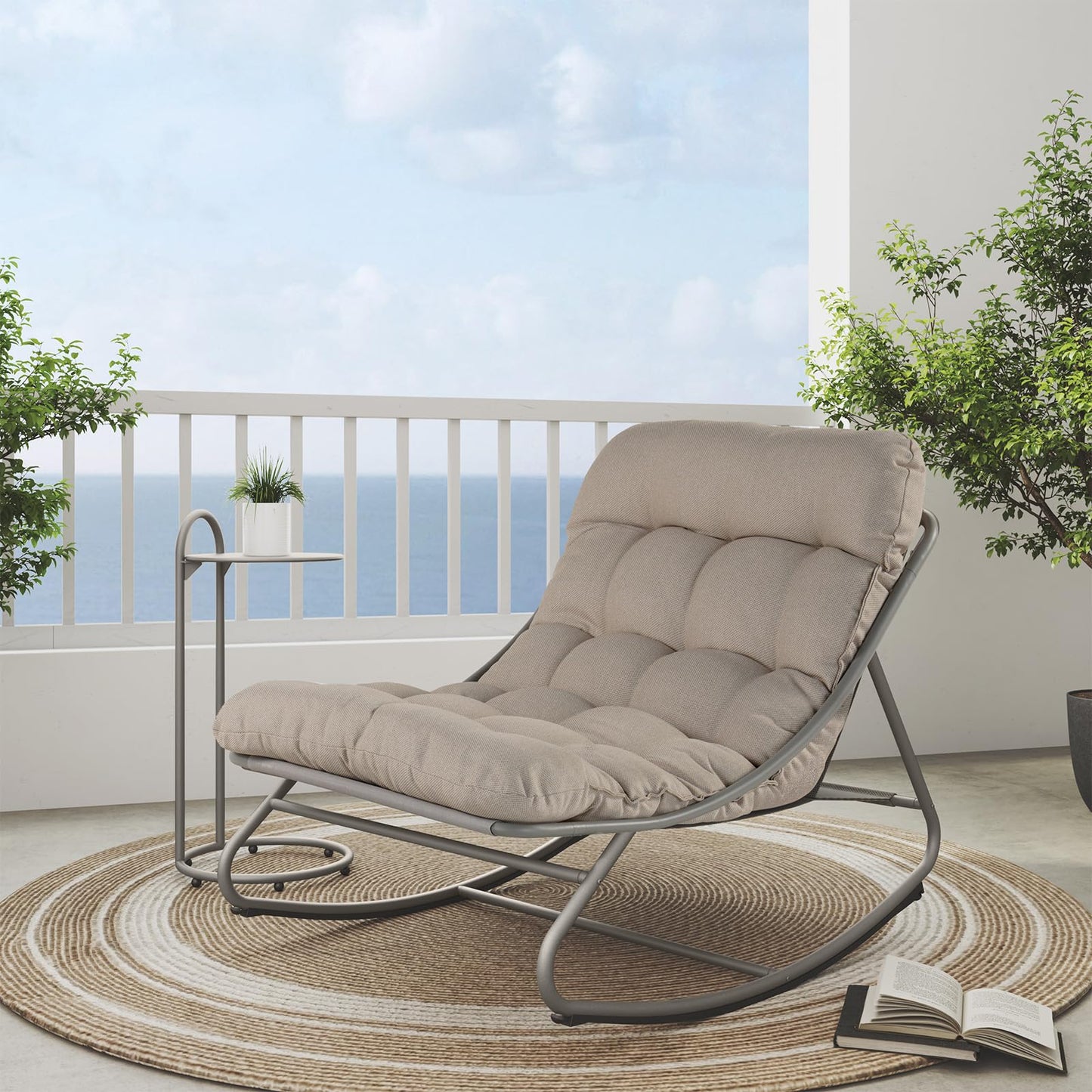 Grand patio Rocking Chair with Side Table, Garden Lounge Chair with Removable Water-resistant Cushion for Adults, for Patio, Garden, Living Room