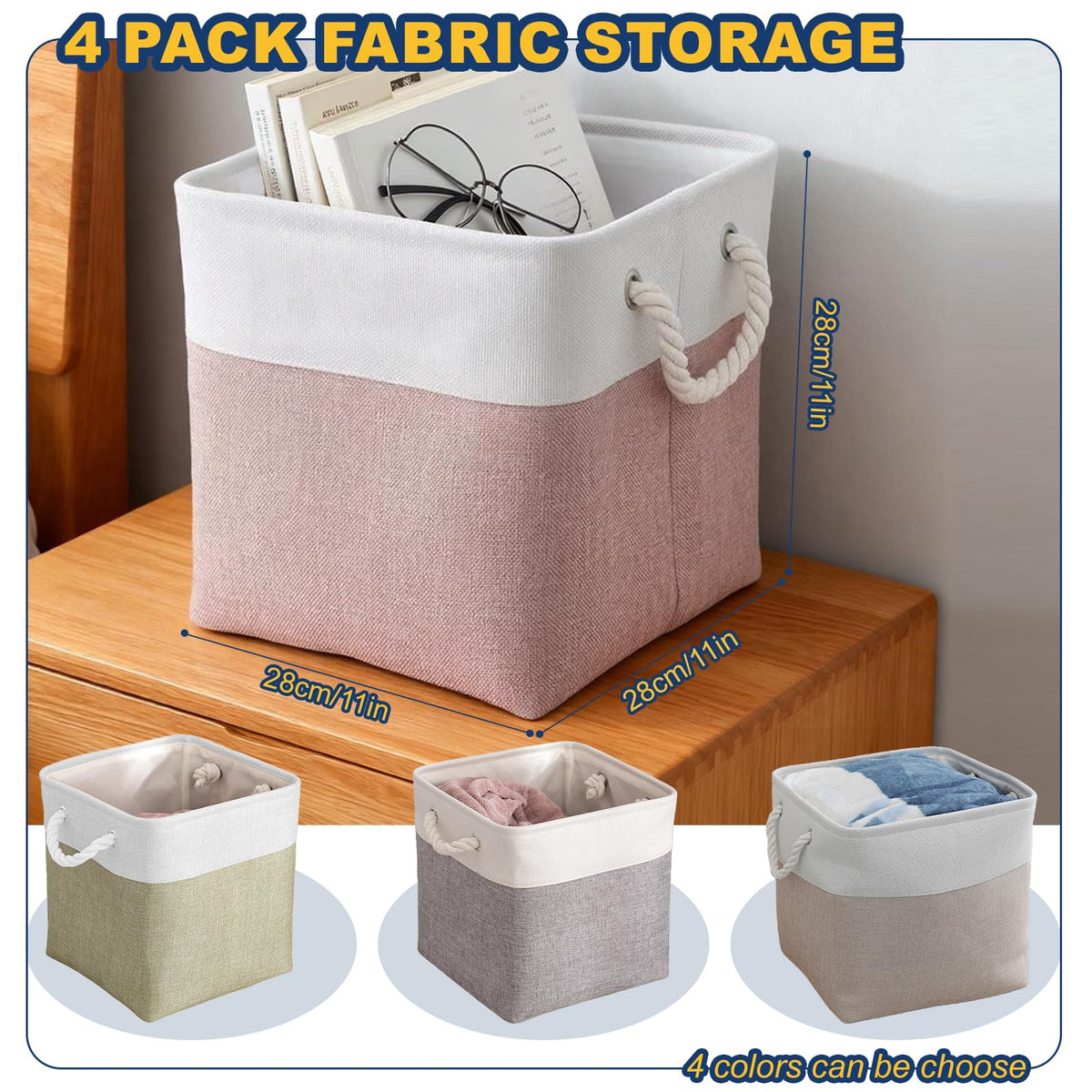 Fabric Storage Box 4-Pack, Foldable Storage Baskets for Organizing Toys, Books, Shelves, Closet, Large Storage Box with Rope Handles
