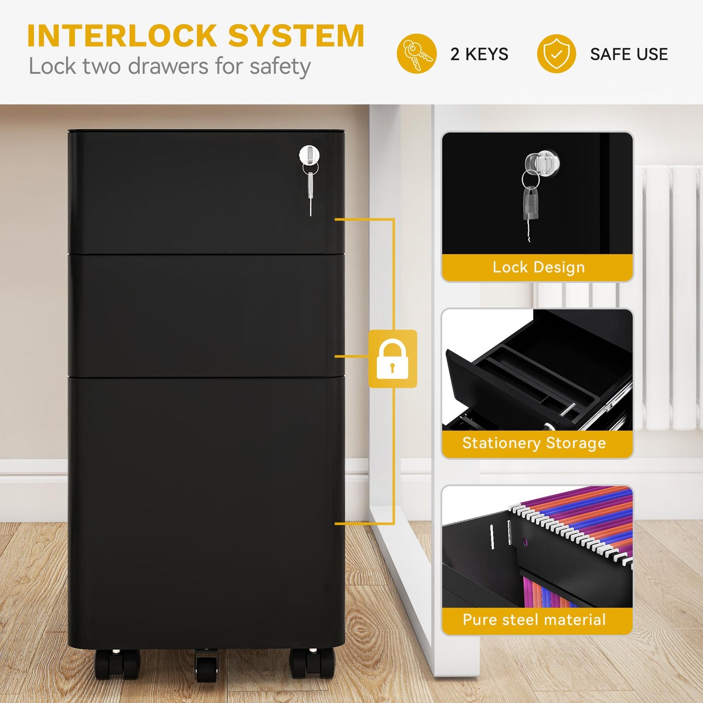 DWVO 3 Drawer Lockable Filing Cabinet Mobile Steel Office Black 30x45x61cm