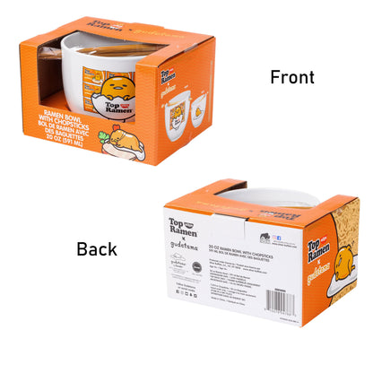 Silver Buffalo Sanrio Gudetama Nissin Top Ramen Ceramic Ramen Bowl with Chopsticks, 20oz