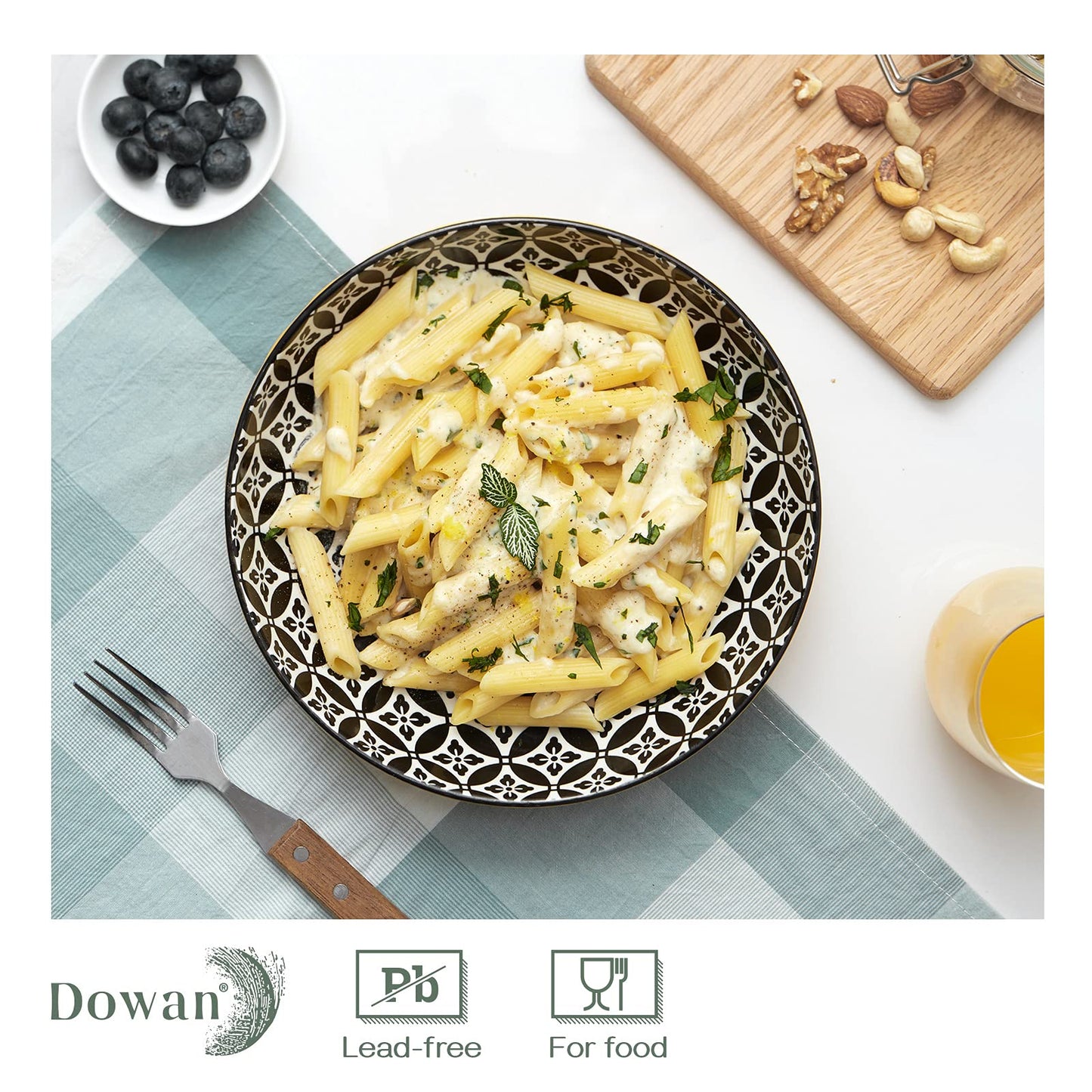 DOWAN Pasta Bowl Set of 4, Large Salad Bowls,  21.5 cm Porcelain Serving Plates, Soup Bowls, Wide and Shallow Ceramic Bowl for Kitchen, Pasta, Salad,