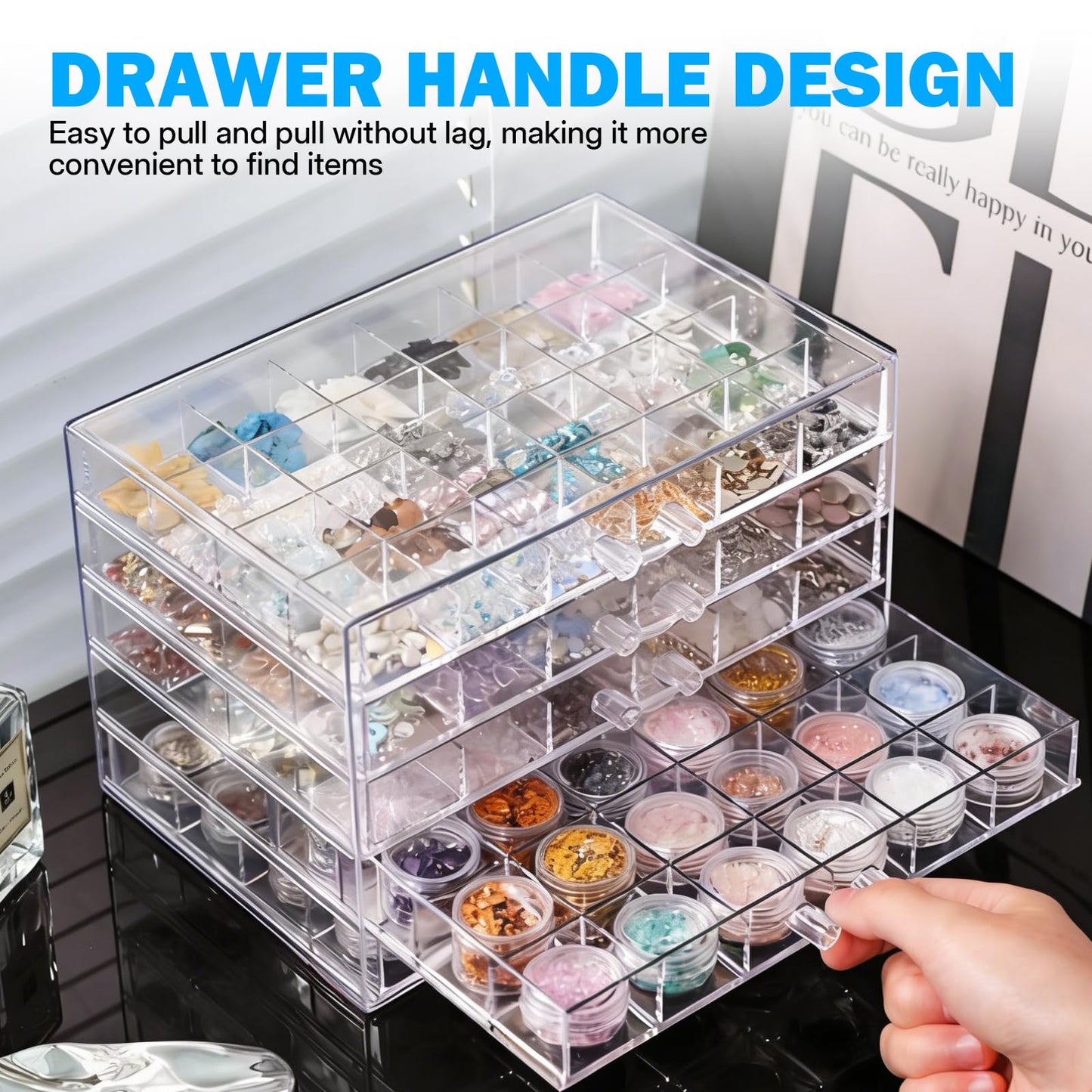 NEUSID Rock Display Case, 5 Drawers Rock Collection Box with 120 Grids Clear Acrylic Gemstone Crystal Jewellery Display Storage Cases for Rings