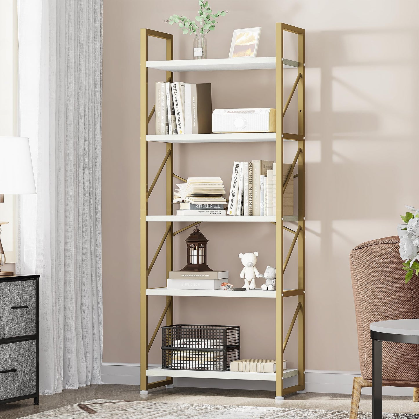 YITAHOME Bookcase 5 Tiers, Floor Standing Book Shelf, Wooden Shelf and Metal Frame Book Rack, Display Storage Rack Shelving Units for Living Room,